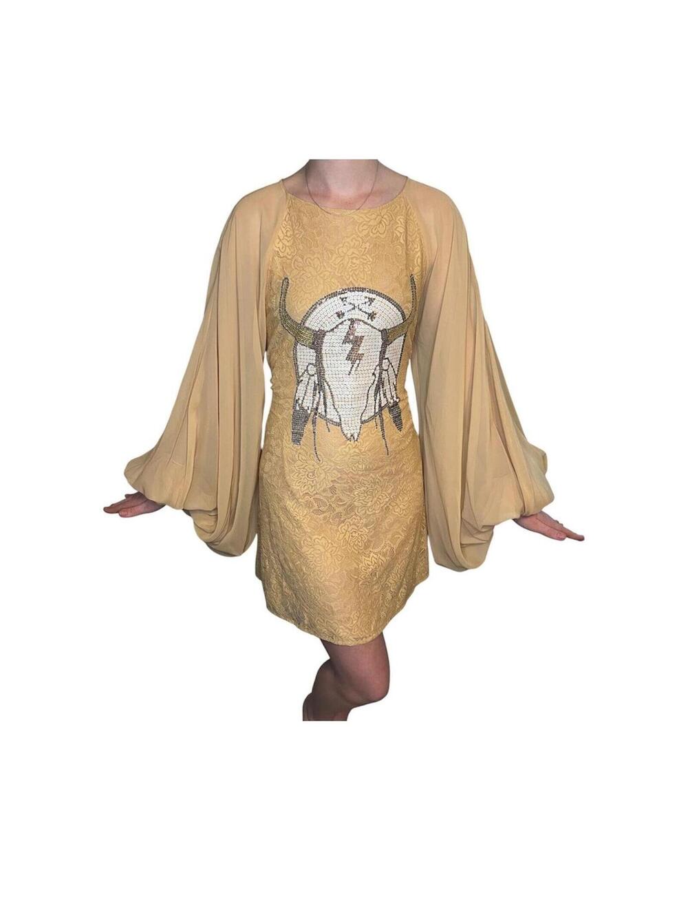 Wildfox White Label Lace Bull Skull Sequin Bell Sleeve Western Boho Mini Dress L